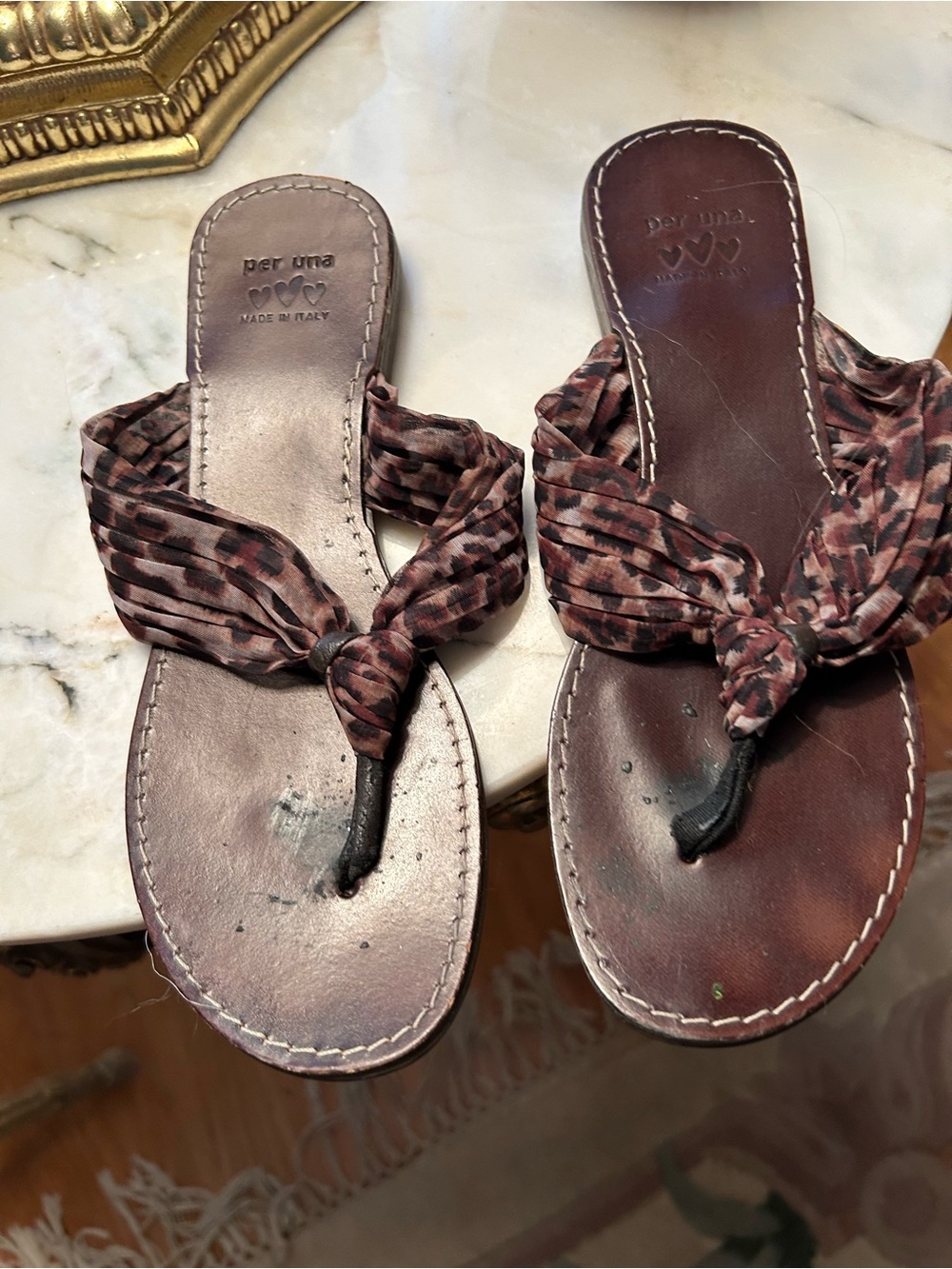 per una Brown Patterned Knot-Top Leather Thong Sandals Sz 6.5 BB:339